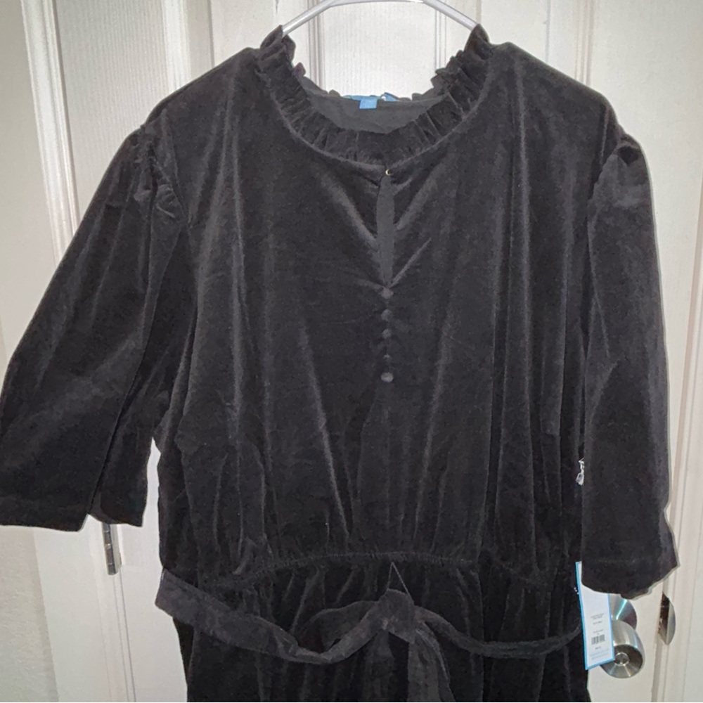 Draper James Black Midi Dress Size 3X NWT Tiered Skirt Ruffled Neck - Picture 8 of 14